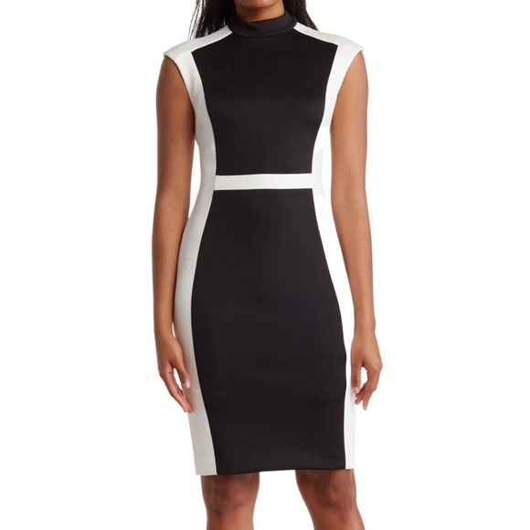NWT Calvin Klein Black & White Color-Block Mock Neck Scuba Sheath Dress Size 6 - Picture 1 of 6